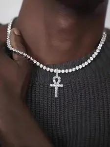 Men's Hip Hop Style Necklace, Shiny Copper Pendant Zircon Cross Key Design, Tennis Chain Daily Wear Gift, Cross Choker Necklace (chain & Zircon Random)