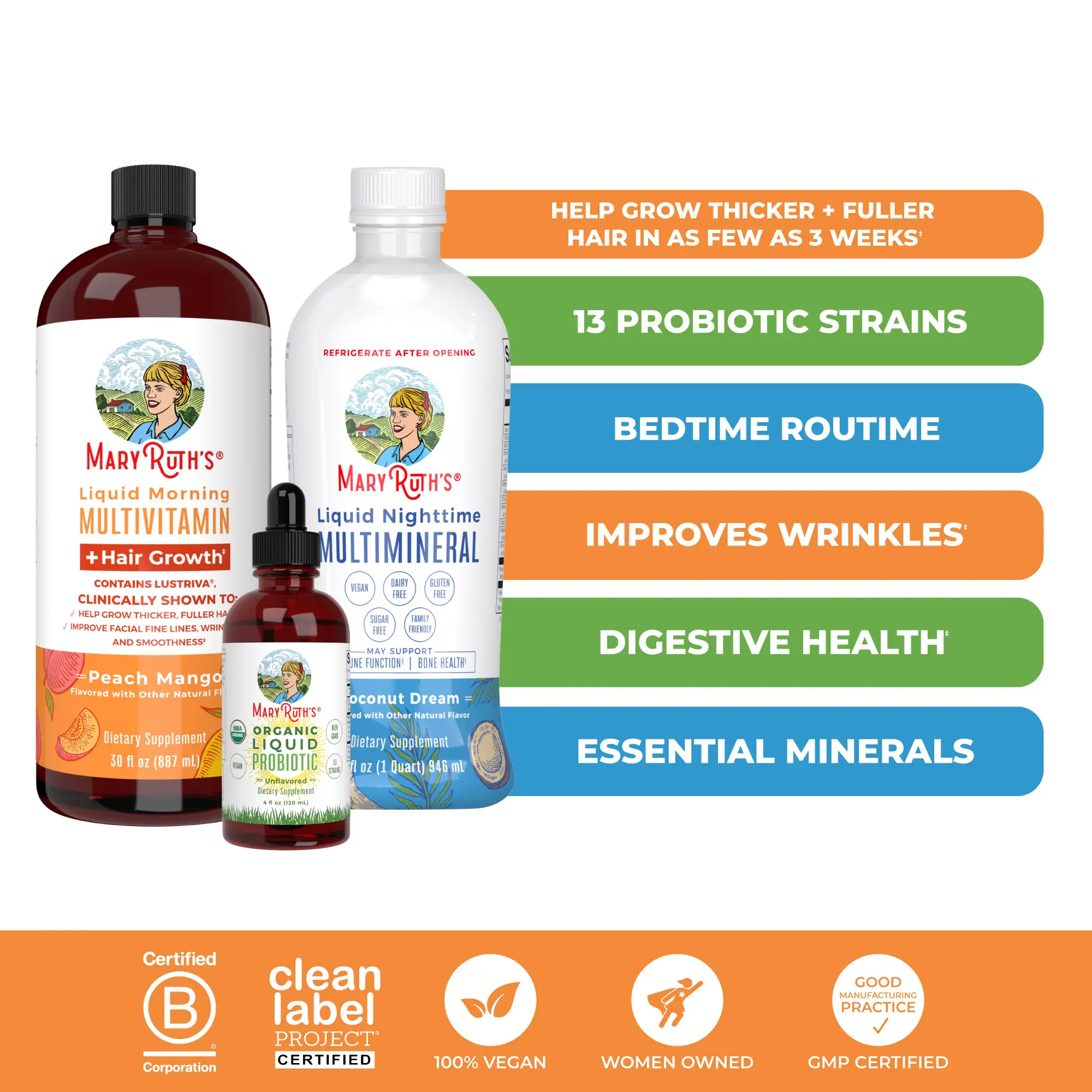 MaryRuth's Triad of Health + Hair Growth Bundle - Liquid Multivitamin + Hair Growth - Liquid Multimineral - Organic Liquid Probiotic