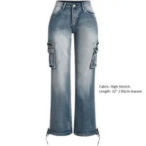 Flamingals 90s Vintage Flap Pocket Low Waist Cargo Jeans with stretch Spandex Denim Baggy Fit Comfortable Fabric Button Womenswear Loose
