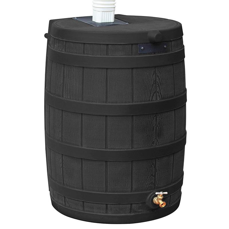 Good Ideas Rain Wizard 50 Gallon Plastic Rain Barrel Water Collector, Black Wood Faux Mother Wall