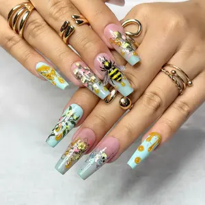 Bee & Honeycomb Press On Nails | 3D Flower | Long Coffin Spring Nail Set
