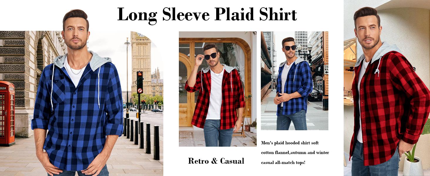 ZITY Spring Men's Plaid Hooded Shirt - Lightweight Breathable Flannel Long Sleeve - Classic Aesthetic Checked Top for Everyday Wear - Soft Casual Layering Piece Gift