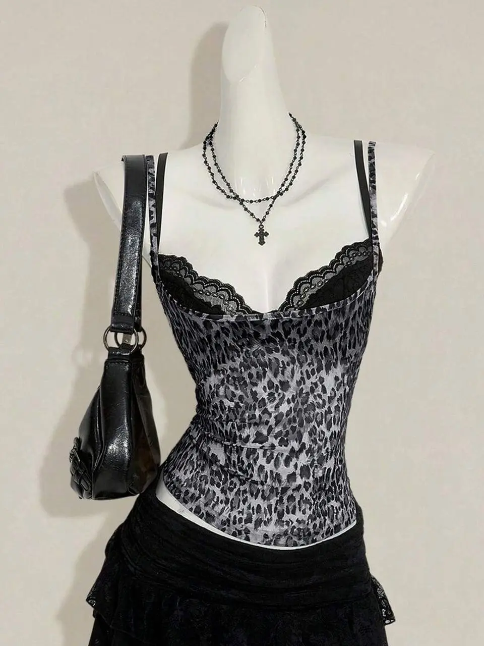 Women's Leopard Print Sheer Camisole Top, Paired With Black Lace Spaghetti Strap Bra 2-Piece Set Leopard Top Corset Top Women,Sexy Tops