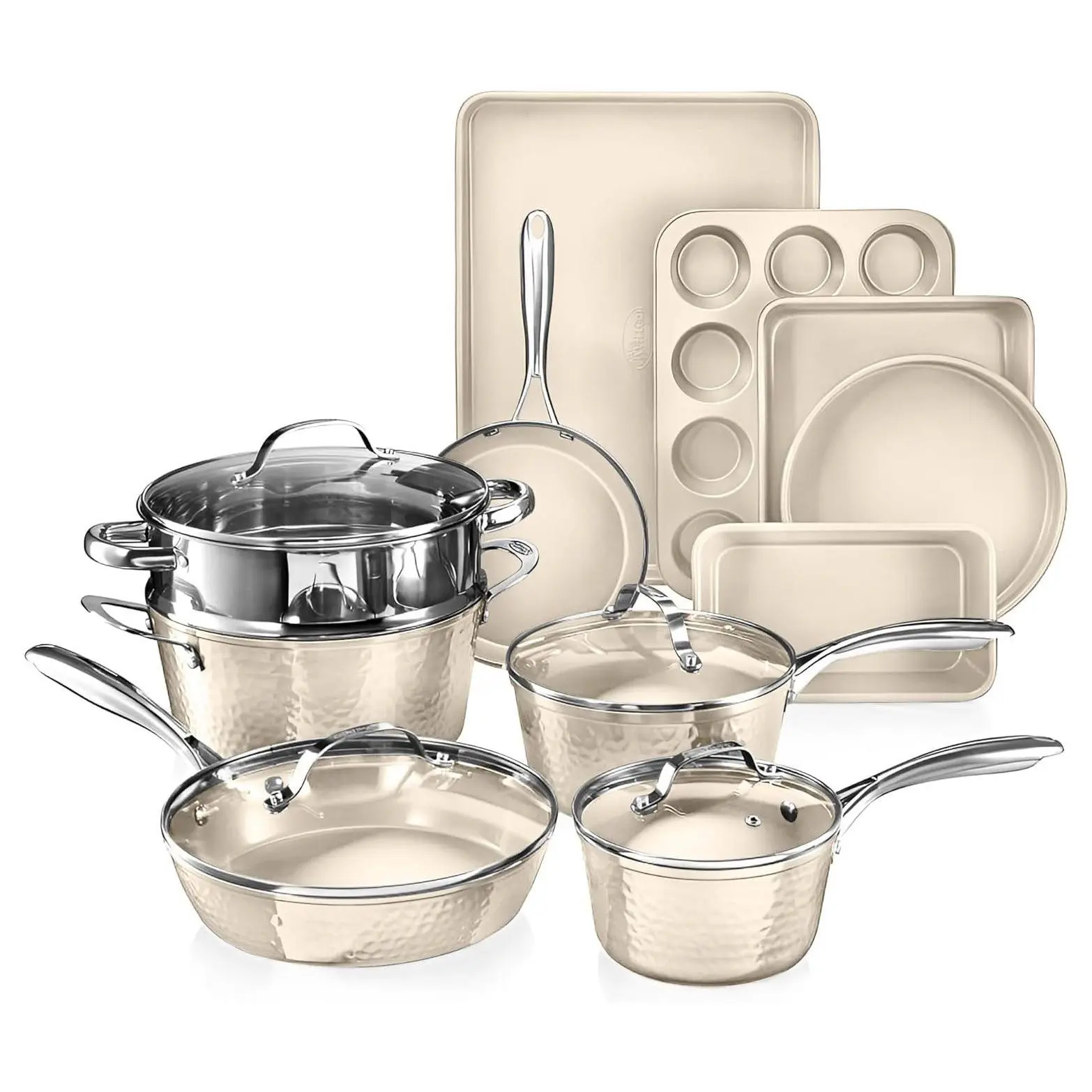 Gotham Steel Hammered Cream 15 Piece Cookware and Bakeware Set