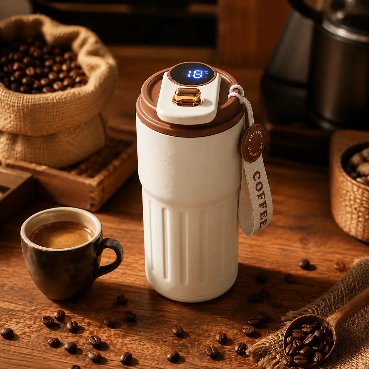 Temperature Display Coffee Mug, Smart Insulated Vacuum Bottle with Strap, Lightweight Portable Drinkware for Gym, School, Travel and Daily Hydration