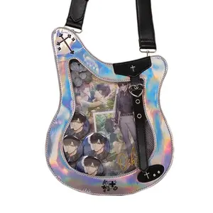 Women's Sweet Crossbody-Shoulder Bag, Original Design Laser Finish Irregular Guitar Shape Bass Bag with Card Holder, Badge & Guzi Zha Board Functional Accessories for Everyday Use