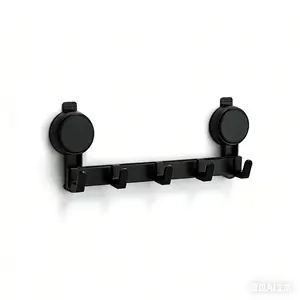 Suction Cup Adhesive Hooks - 5-Hook Black Wall Rack, Drill-Free Repositionable, Rust-Resistant Space Aluminum, Over-the-Door Coat Hanger for Entryways & Bathrooms