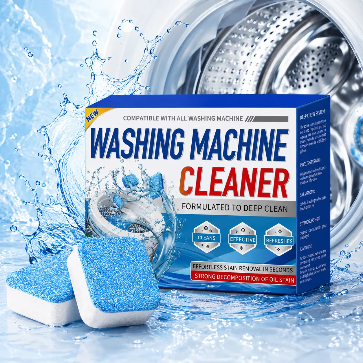 Washing Machine Cleaning Tablets 12 Pack, Washer Care Tabs for HE Front Load & Top Load Machines, Monthly Drum Tub & Door Seal Freshening Tablets, Helps Maintain a Clean Washer, 12 Month Supply