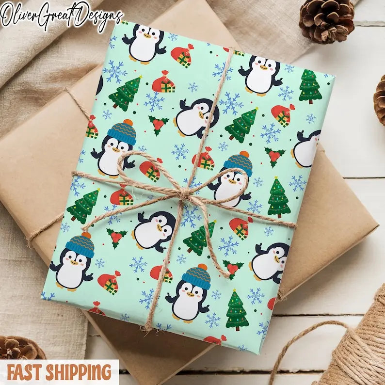 Cute Christmas Penguin Wrapping Paper, Anti Trunp Holiday Gift Wrap, Funny Fck 7rump Pattern, Festive FDT Xmas Paper for Gag Gifts