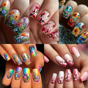 120pcs/5SET Mixed Cute Floral Press-On Nails, System Color Spring and Summer Wearable Nail Tips, Stylish Sweet Fake Nails, Square, Medium Length, Glossy Finish Nail Art Stickers