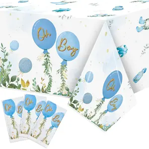 Baby Shower Party Tablecloths - 3Pcs Watercolor Blue Birthday Party Table Cover Decorations, Oh Boy Themed Rectangular Plastic Disposable Table Cloth for Baby Boys Birthday Gender Reveal Supplies