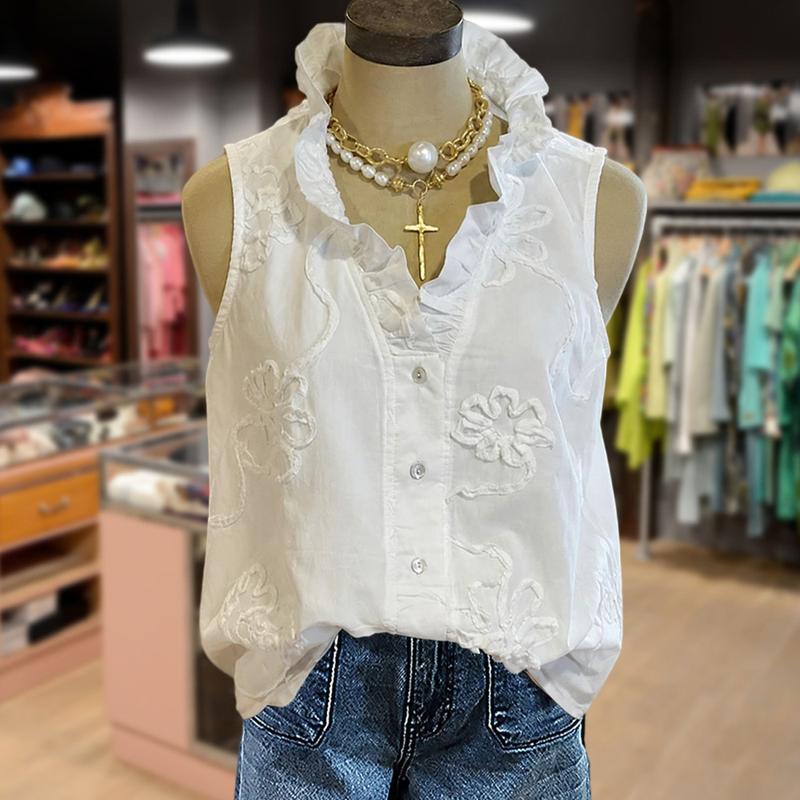 Cherrybetty 100% Cotton Elegant Flower Embroidered Ruffle Neck Sleeveless Tank Top Outfit Inspo Spring Summer Fashion Sweety Comfort Elegant Outfits