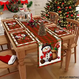 2D flat printing, set of 1 piece/4 pieces/6 pieces/5 pieces/7 pieces, Christmas snowman checkered table flag placemat set - red and green checkered, holiday table decoration, snowman and holly fruit pattern, suitable for Christmas parties and dinners