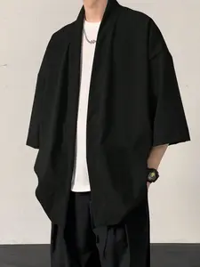 Men's Versatile Open Front Cardigan, Casual 3/4 Sleeve Loose Fit Lightweight Jacket, Suitable For Daily Streetwear