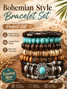 Bohemian Style Maple Wood Bead Multi-Layer Stretch Bracelet Set, Alloy Bangle, Feather Pattern, All Seasons Fashion Accessory