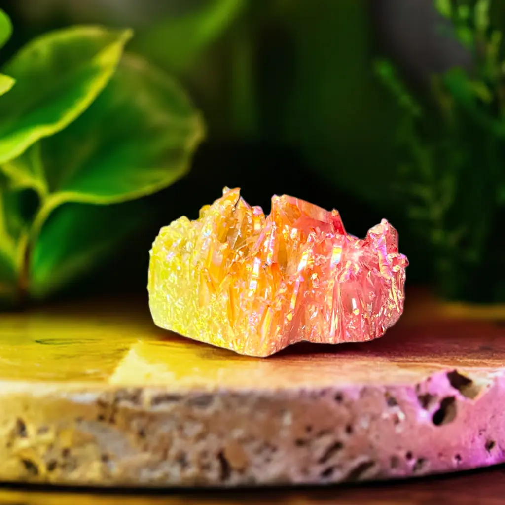 Saffron Roseate Aura Pigmented Raw Cluster Crystal