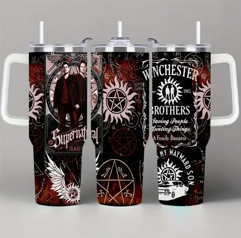 [Gift Box & Straw] Supernatural Winchester Brothers 20oz Skinny & 40oz Handle Tumbler, Anti-Possession Symbol Stainless Steel Vacuum Insulated Coffee Cup, Hot & Cold Travel Mug, TV Series Fan Gift