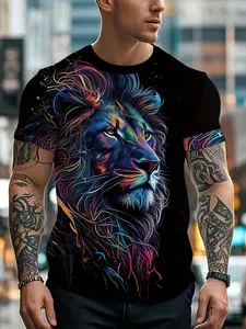Summer Men's Tropical Lion Print Round Neck T-Shirt, Casual Comfortable Gift Tee, Outdoor Clothing, Streetwear, Casual Street Style, Fitted Long Sleeve, All Seasons