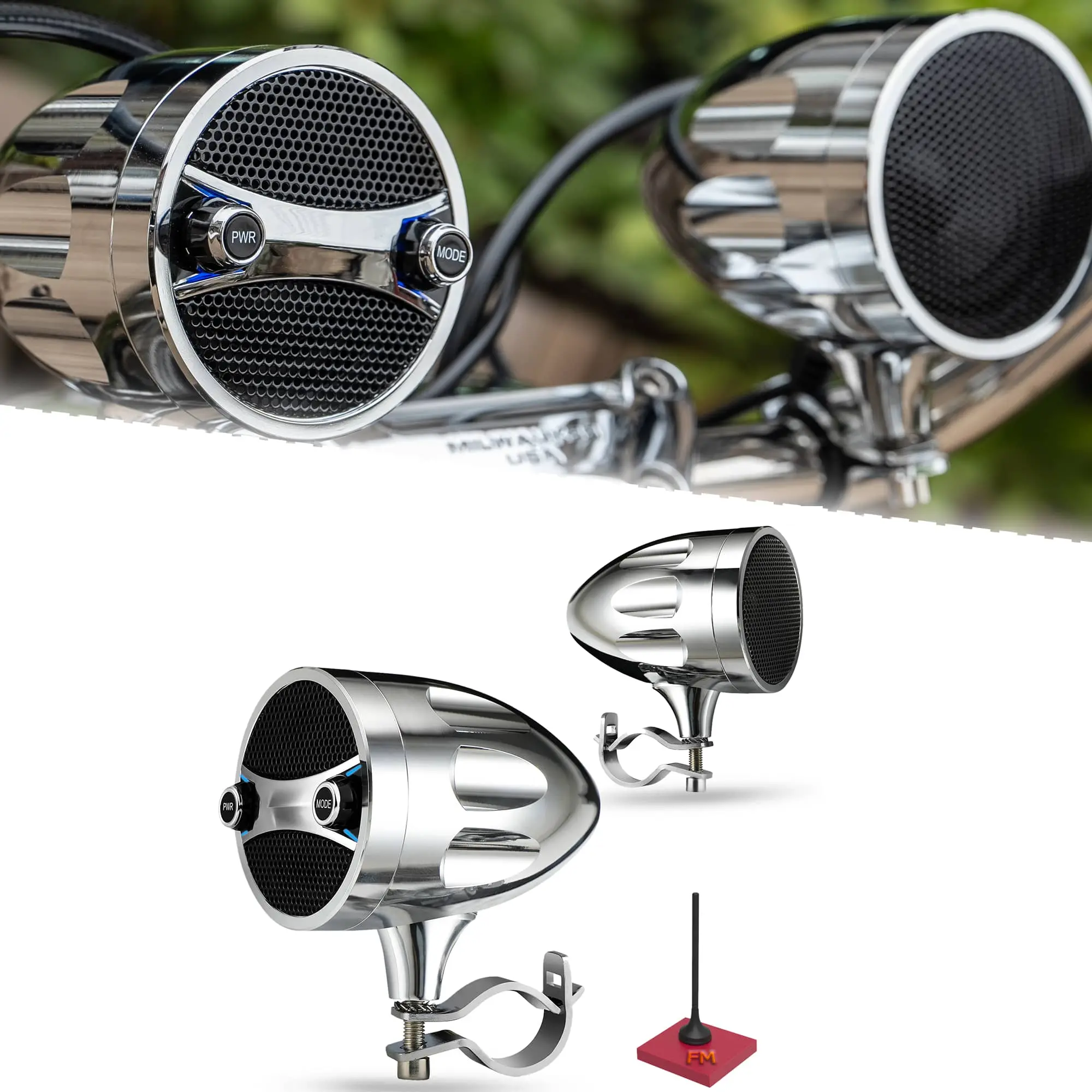 KSPEAKER S7 Chrome Motorcycle Bluetooth Speakers with FM Radio, Built-In Amplifier, 12V Wired Power and Handlebar Mount