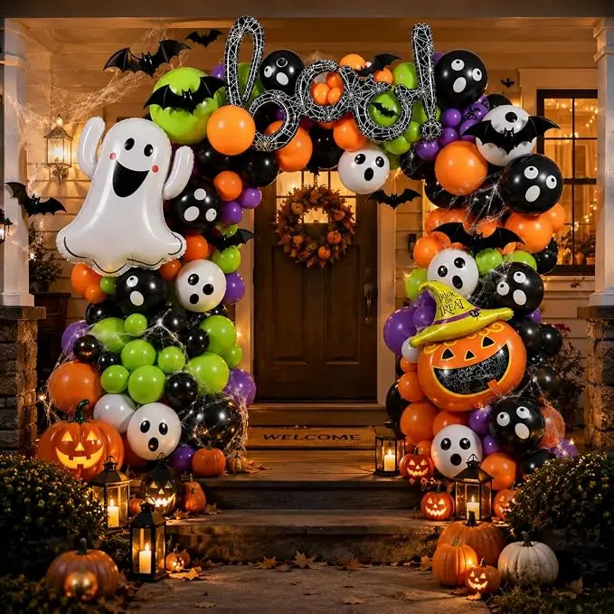 184PCS Halloween Balloon Arch Kit with Ghost & Pumpkin Foil Balloons Black Orange Purple Green Latex Balloons 3D Bats Spider Web Decorations for Halloween Party Indoor Outdoor Backdrop Decor
