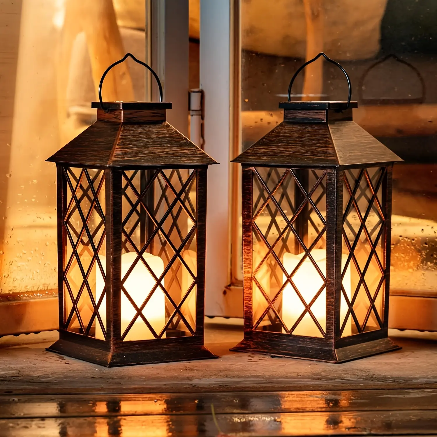 2pcs Hanging Lanterns with Flickering Flameless Candles - Outdoor Antique Copper, -Controlled Tempered for Patio, Porch, Backyard - Solar Lanterns Suitable for, Balcony, Table Decor