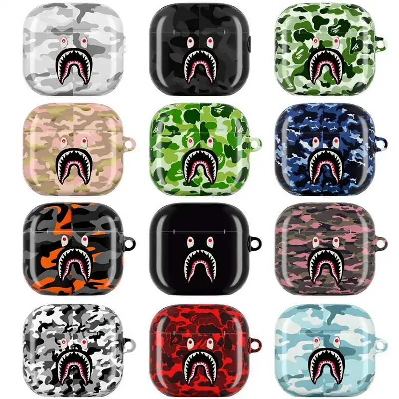 Shark Camo Streetwear AirPods Case, Collection Bold Shark Mouth Icon with Military Camouflage Patterns, Urban Hypebeast Tactical Aesthetic Half-Black Design, Durable Protective Cover For AirPods 1 2 3 4 & Pro