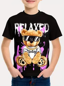Boy Creative Print T-Shirt, Casual Comfort Short Sleeve Top, Summer Clothing, Slim-Fitting, Random Pattern, with Collar