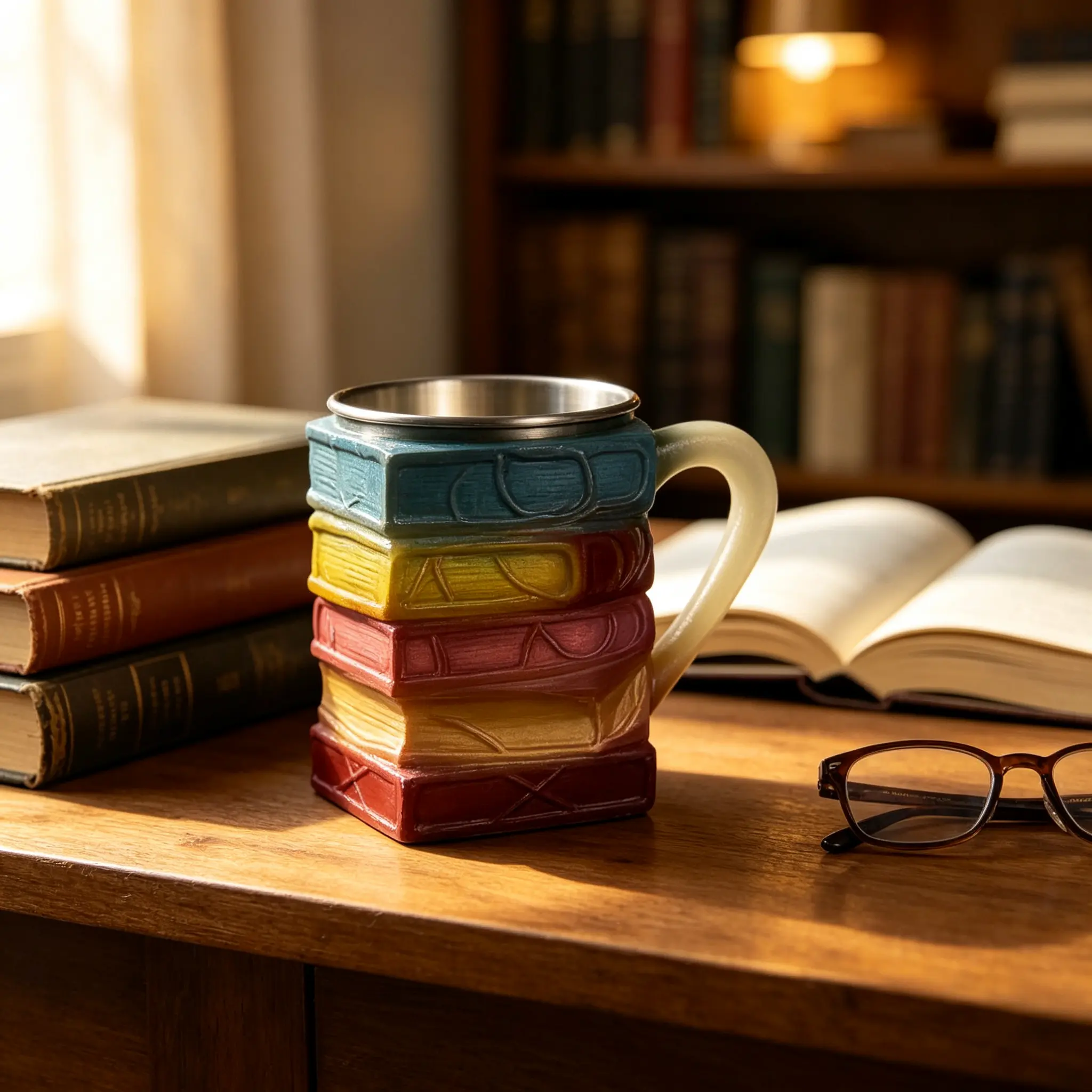 Creative Stacked Book Shaped Drinking Mug, Colorful Rainbow Gradient Coffee Cup, Comfort Curved Grip Handle for Hot Cocoa Tea & Cold Beverages, Aesthetic Table Decor & Ideal Gift for Book Lovers, Readers and Bookworms