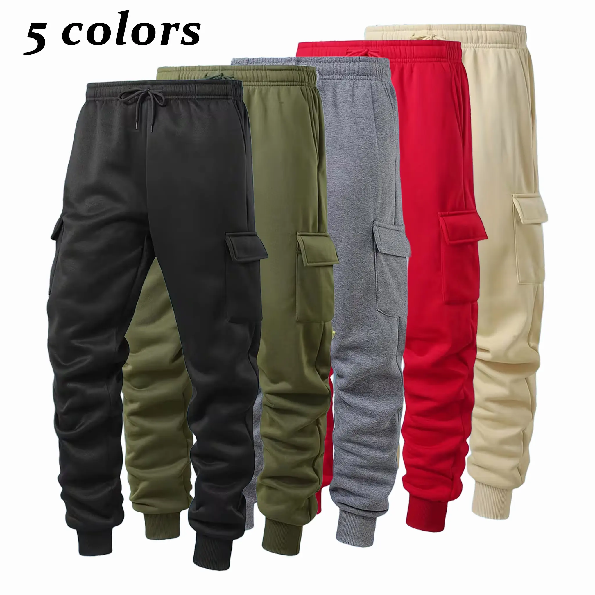 Men's Autumn Winter Fleece Lined Work Pants, Windproof Cold Resistant Multi Pocket Casual Sports Trousers, Tailored Fit Solid Color Streetwear, Multiple Packs Optional