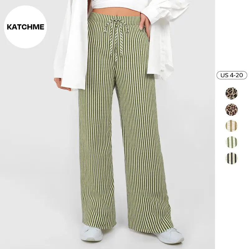 KatchMe Women's Classy Allover Print Drawstring Decor Wide Leg Trousers (2), Leopard Print High Waist Pocket Lightweight Pants, Chic Bottoms