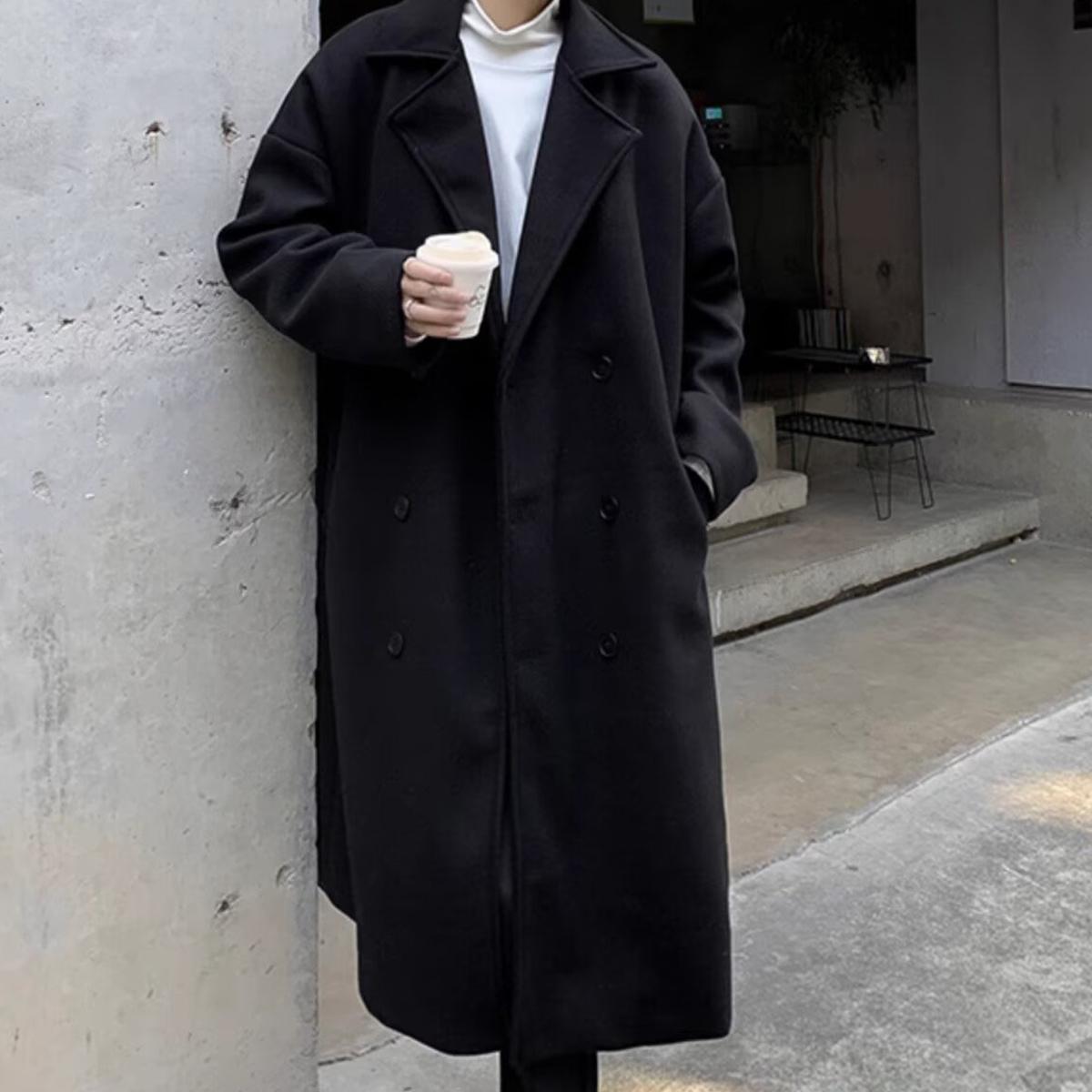 Men's Solid Button Front Lapel Neck Midi Coat, Regular Fit Casual Long Sleeve Outerwear for Fall & Winter, Men's Clothes for Daily Wear, Menswear, Jackets, Tops, Trench, Gamis, Plain