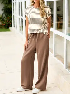 Women's 2 Piece Sets Striped O-neck Short Sleeve T-Shirts & Solid Color Wide Leg Drawstring Pants Sets Casual Lounge Sweatsuits Daily Set with Pocket Womenswear