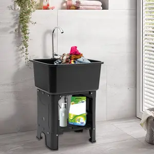 Black Large Commercial Utility Sink 48L Freestanding with Faucet and Washboard for Laundry Cleaning Kitchen Restaurant Garage Lab