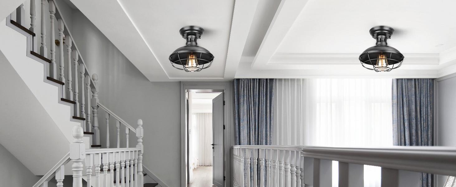 FRIDEKO HOME Farmhouse Flush Mount Ceiling Light Industrial Close to Ceiling Lighting Fixtures, Rustic Vintage Metal Black Ceiling Lamp for Kitchen Island Bedroom Hallway Farmhouse