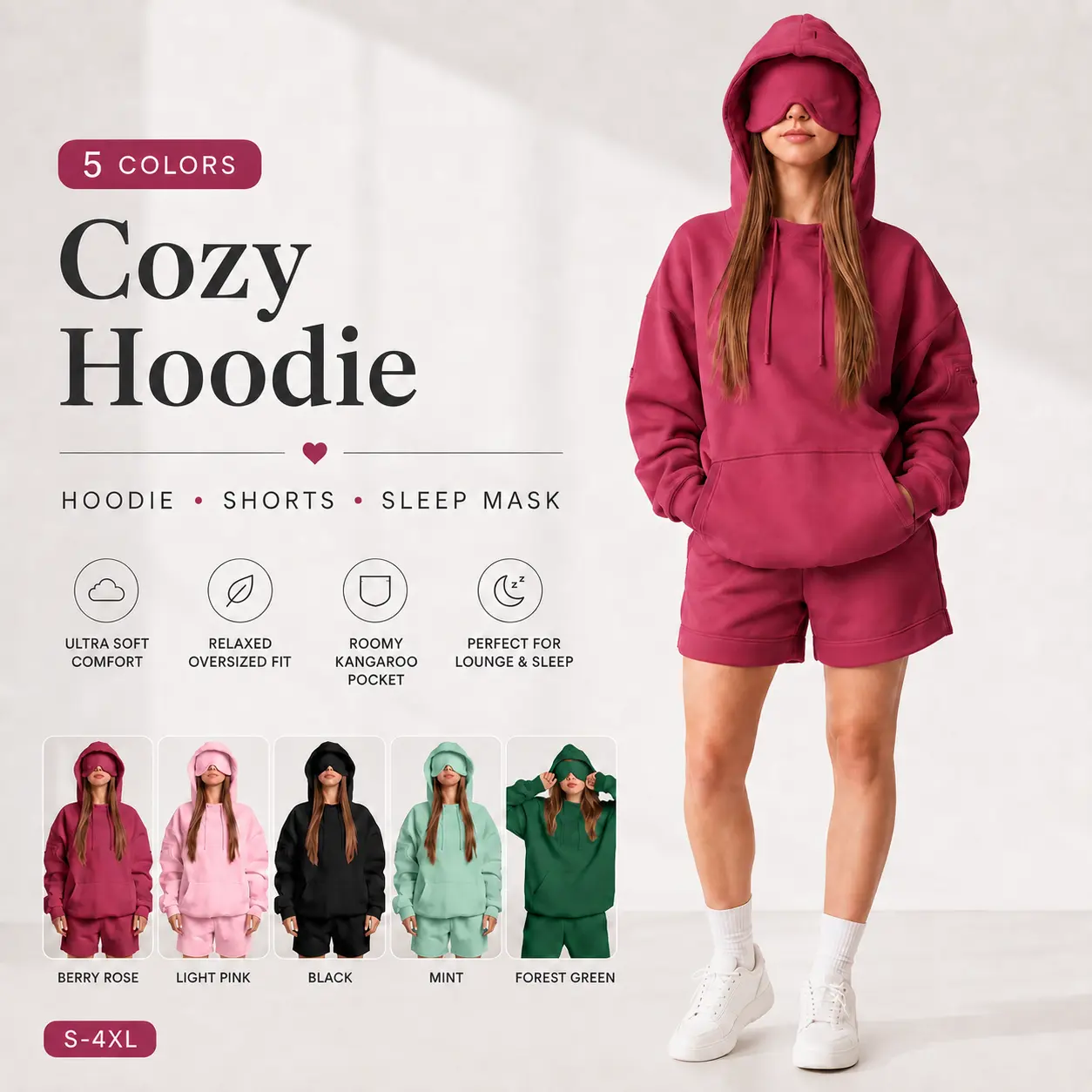 Women  Loungewear Set, Oversized Drawstring Hoodie With Arm Pocket  + Sleep Mask, Ultra Soft Casual Home Tracksuit