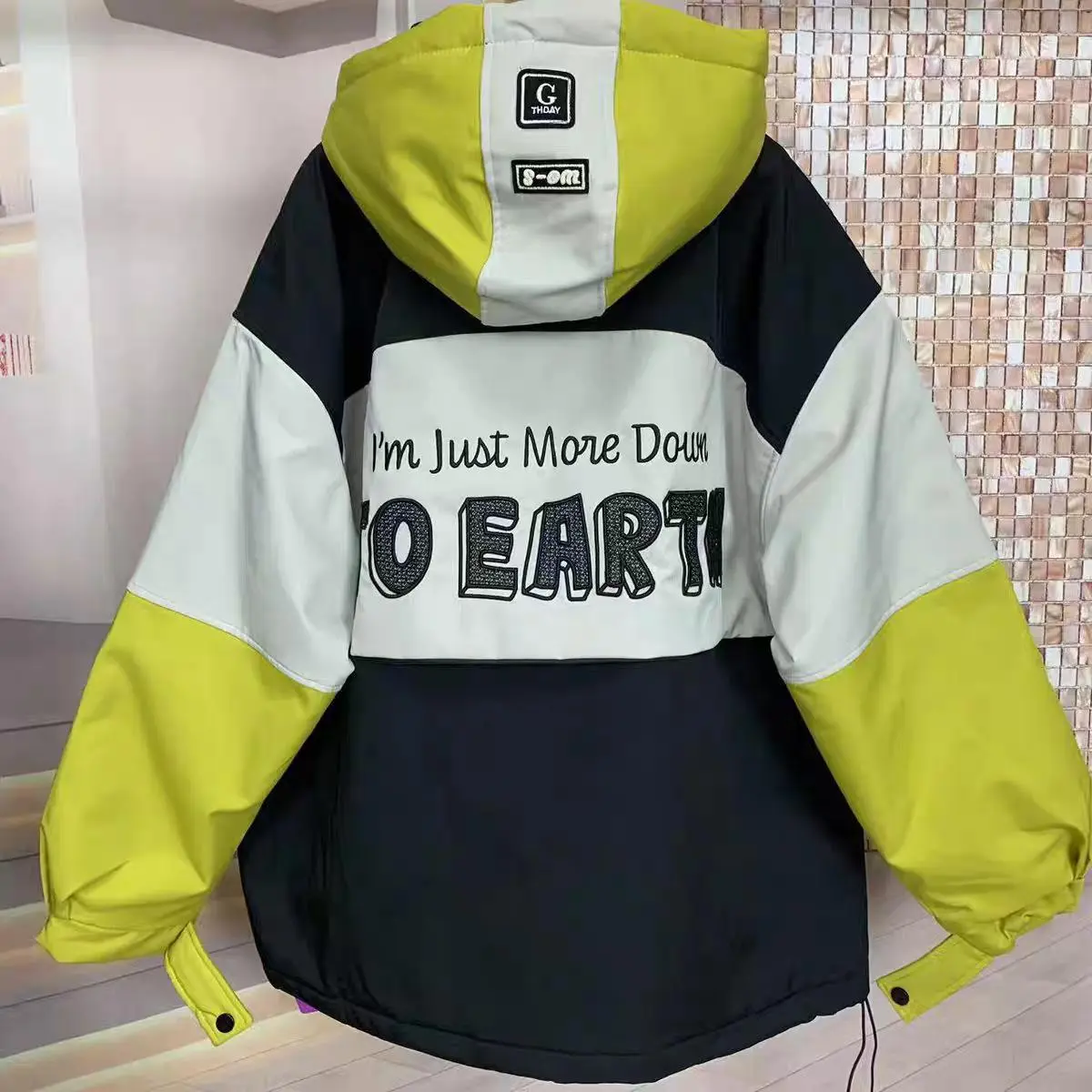 Women's Quilted Down Parker with Letter Embroidery Patchwork, Cotton Hooded Outerwear with an Adjustable Drawstring, Coats, Lady, Tops, Long Sleeve, Down Insulated, Casual, Drawstring Hood