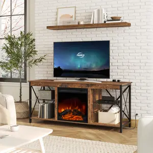 HOOBRO Fireplace TV Stand with Led Lights and Power Outlets, Wooden Media Entertainment Center Console Table with Glass Shelves, Fireplace TV Console for TVs up to 65", Rustic Brown#SpringSale #BigSpringSale