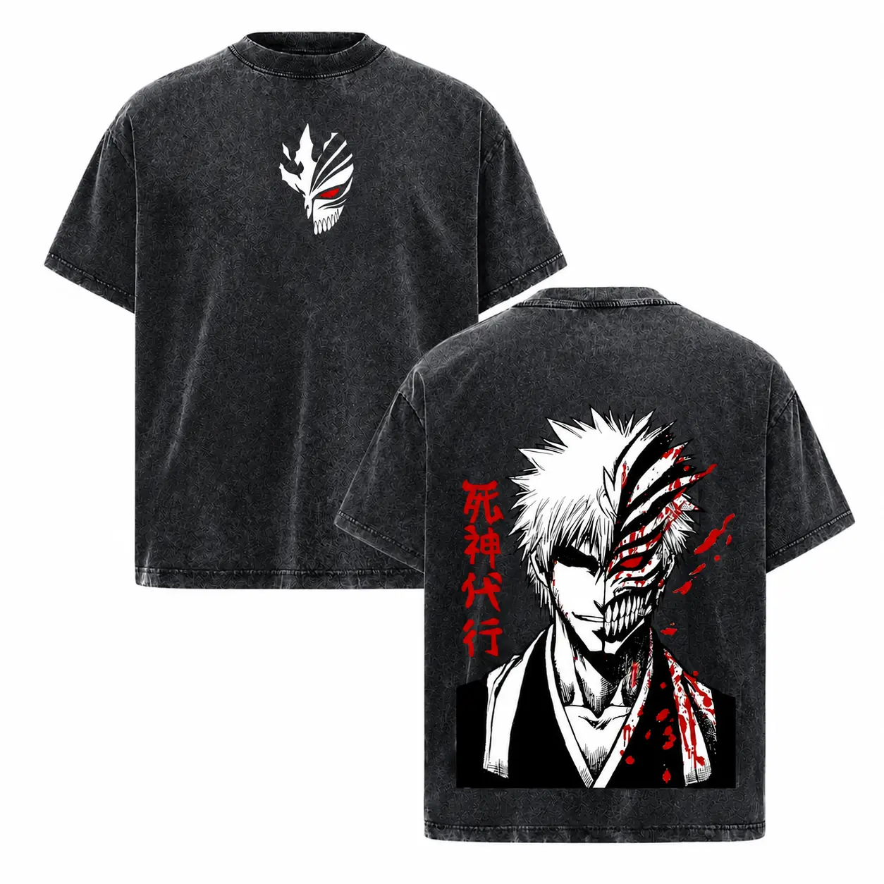 Ichigo Kurosaki Tee Washed – Bleach Soul Reaper Bankai Vintage Washed Heavy Cotton Oversized Anime Manga T-Shirt, Double Printed Retro Unisex Streetwear Graphic Top, Hollow Ichigo Dark Shinigami Edition