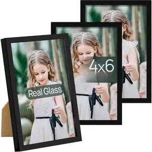 4x6 Picture Frame Set of 3, Made of  Glass for 4 x 6, Wall and Tabletop Display Thin Border Photo Frames for  Decor, Black