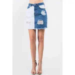 American Bazi Contrast Patched Frayed Denim Distressed Skirts