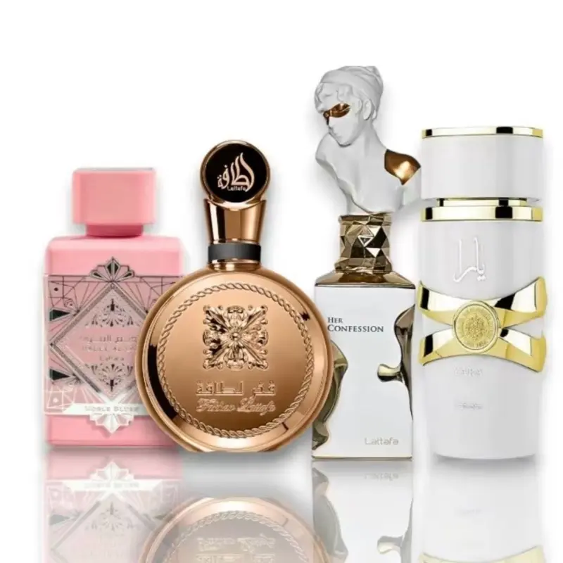 Lattafa 4-Piece Unisex Fragrance Bundle - Her Confession, Noble Blush, Yara Moi, Fakhar Extrait - Daily Use Fragrance, Floral Eau Perfume, Long Lasting Scent