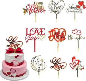 9Pcs Happy Valentine's Day Cake Toppers Acrylic Cake Topper Red Sweet Love Heart Shaped Cupcake Picks for Valentine's Day Theme Anniversary Wedding Birthday Party Cake Decorations Supplies