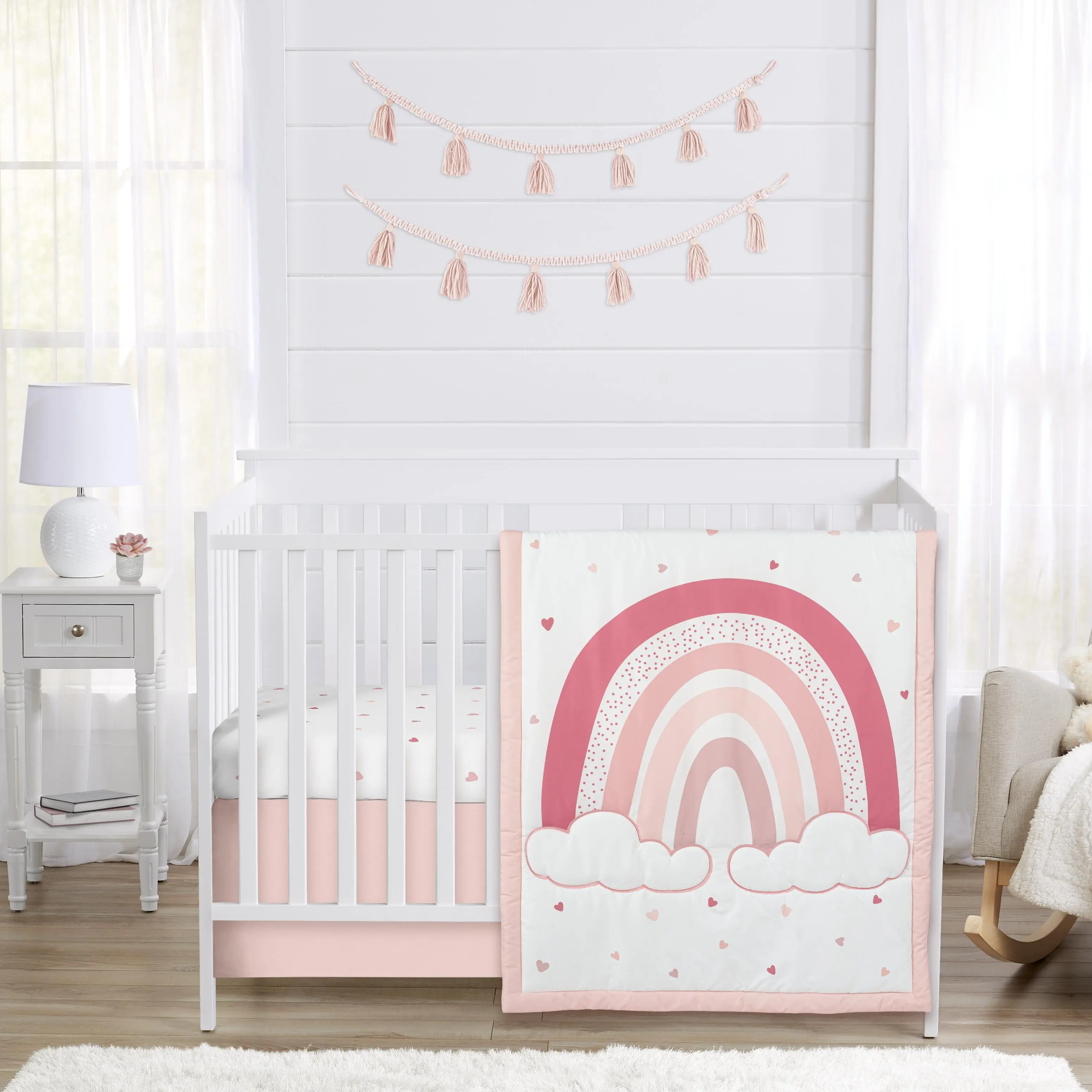 Sweet Jojo Designs 3-Piece Baby Crib Bedding Set (Boho Rainbow and Hearts) for Girls, Infants/Nursery incl. Blanket, Fitted Sheet and Crib Skirt (Bohemian, Shabby Chic, Polka Dot, Heart, Pink, Mauve )