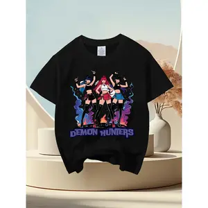 Kids' Demon Hunter Aesthetic Print Short-Sleeve T-Shirt - Trendy Graphic Tee, Soft Cute Street Style Casual Top