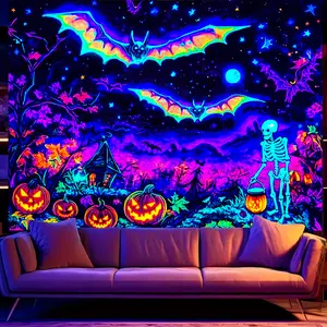 1pc Halloween Glow Tapestry, 2D/Flat Bats & Skeleton Design, UV Blacklight Reactive Polyester Wall Decor, 78.74x59.06inch, Peach Light Beige Fabric, Horizontal Orientation, Party Banner for Fluorescent Parties, Halloween Decorations