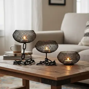 Retro Industrial Metal Table Candlestick Set, Vintage Iron Pillar Design with Chain Stand & Hollow Mesh Lampshade, Matte Black Durable Home Decor Accessory for Dining Room, Study