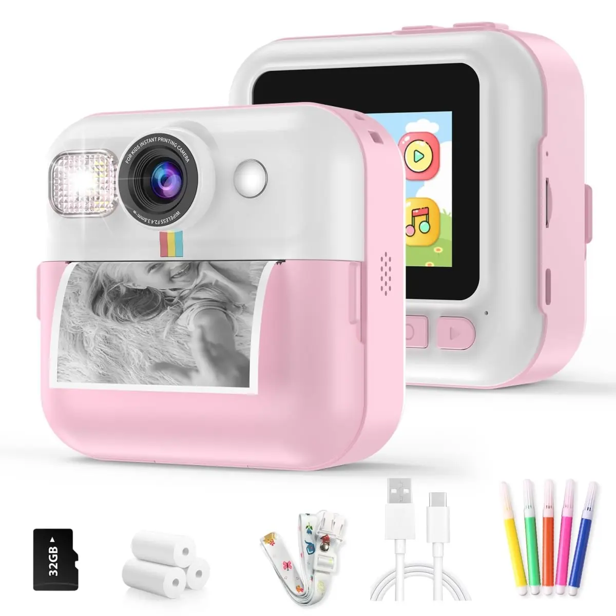 Asonic NT84687 Instant Print Camera for Kids with 3 Roller Photo Paper - Pink