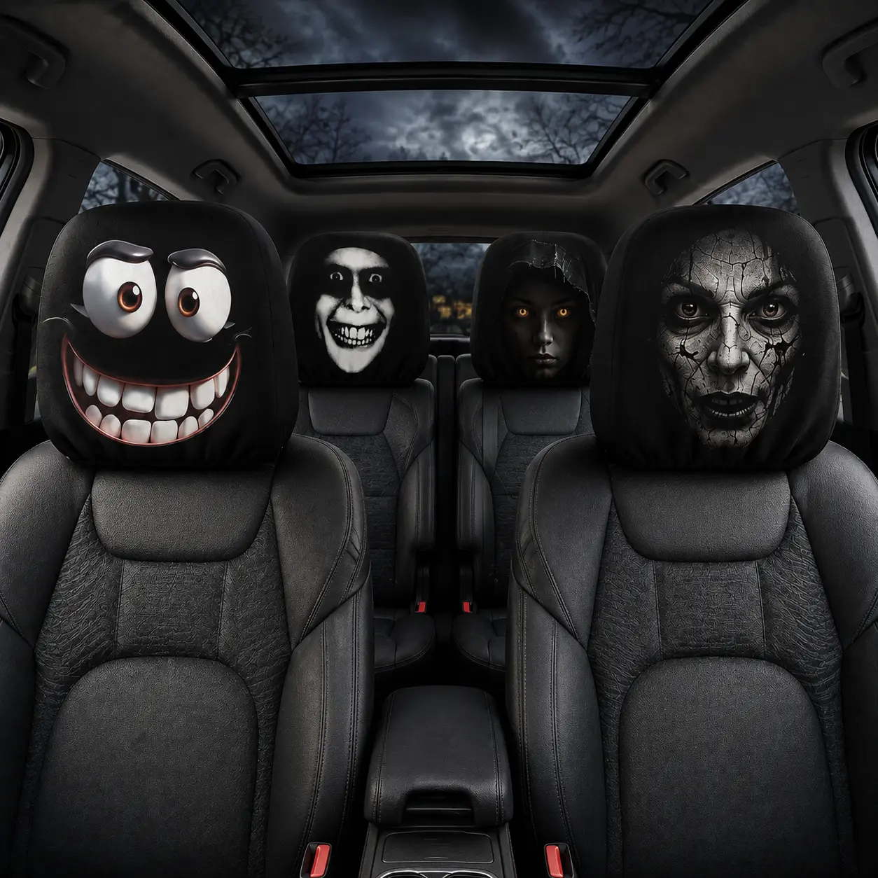 2pcs Set of Funny Big-Eyed Cartoon Print Car Seat Headrest Covers, Fun Car Accessories, Universal Fit for Long Road Trips & Daily Commutes – Perfect for Halloween/Christmas Holiday Decor