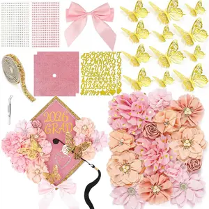 Graduation Cap Decorations Kit 2026 DIY Cap Decorations 36PCS Included Fake Flowers Heads Bow 3D Butterfly Self Adhesive Rhinestones Stickers Alphabet Letter Stickers for Grad Party Decor, Pink
