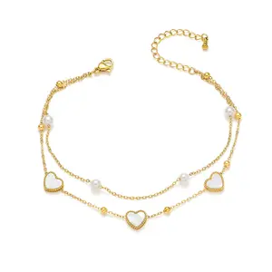 Heart Anklet for Women, New Fashionable and Elegant Gold White Shell Heart Pearl Double Layer Sweet Jewelry
